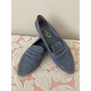 Tods Blue Suede Loafers 37 pointed toe White trim